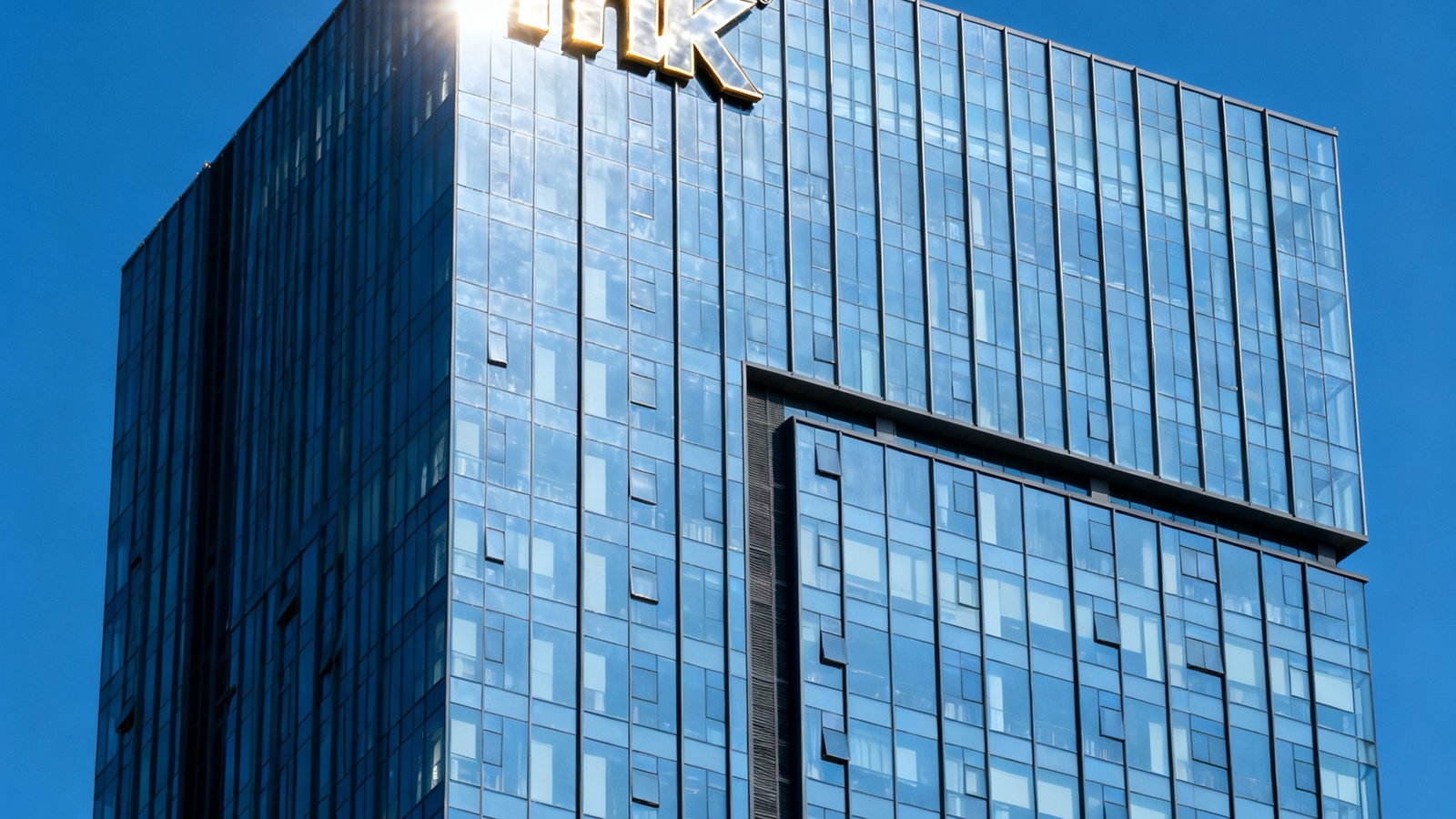 mk体育广州总部大厦外观，现代化玻璃幕墙建筑高耸入云，楼顶mk标志在阳光下熠熠生辉