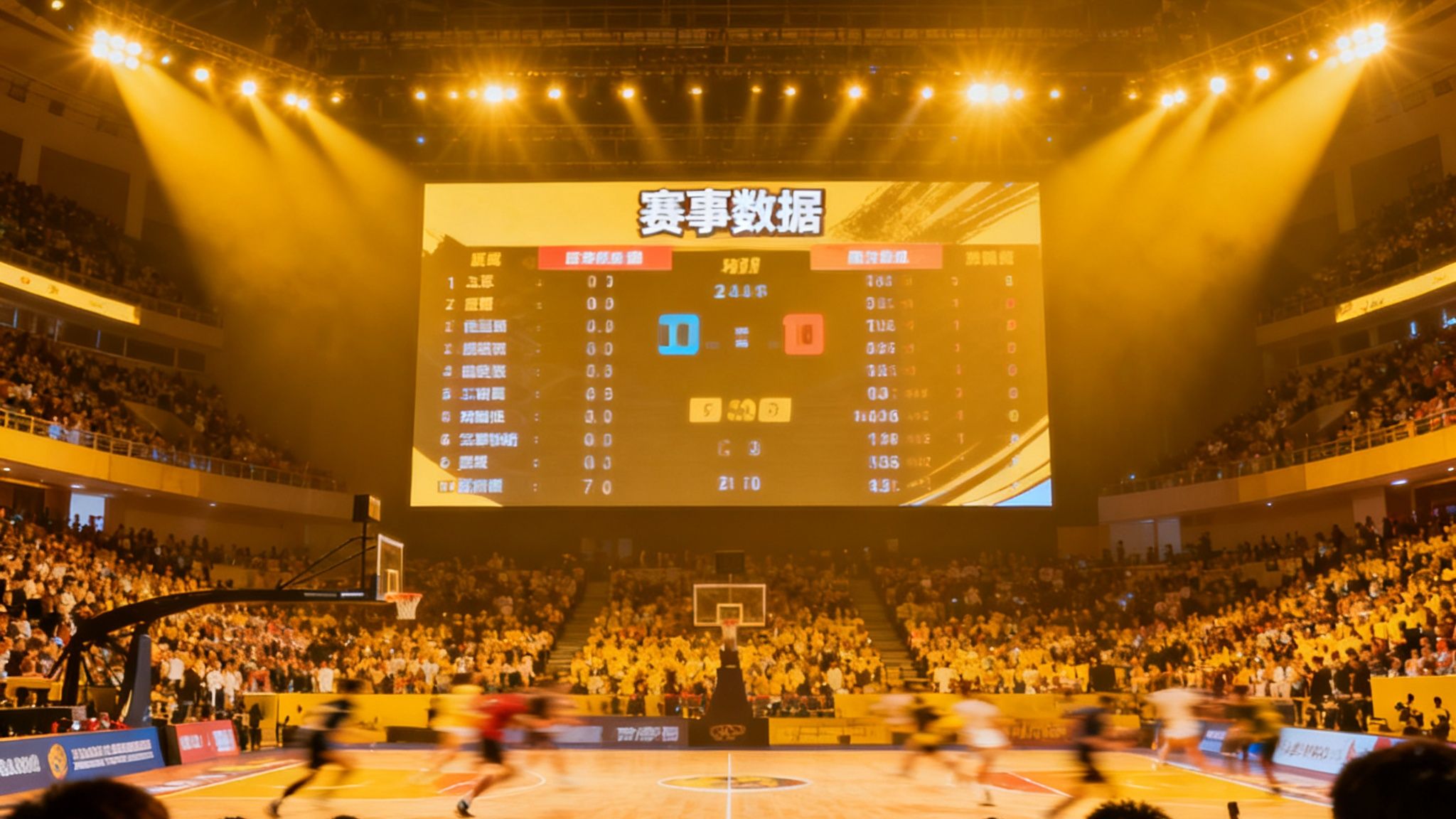 体育赛事现场灯光璀璨的全景画面，观众席座无虚席，巨型屏幕实时播放赛事数据，营造出令人热血沸腾的竞技氛围