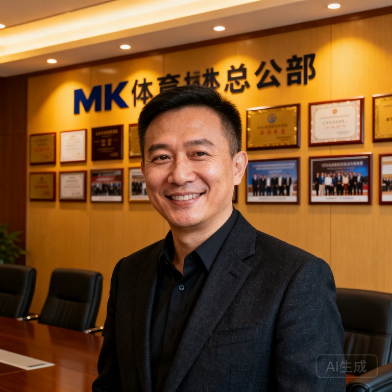 创始人陈启明半身肖像照，身穿深色西装面带微笑，背景为mk体育总部会议室的荣誉墙
