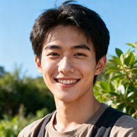 一位青年男性用户的休闲生活照，在户外阳光下自然微笑